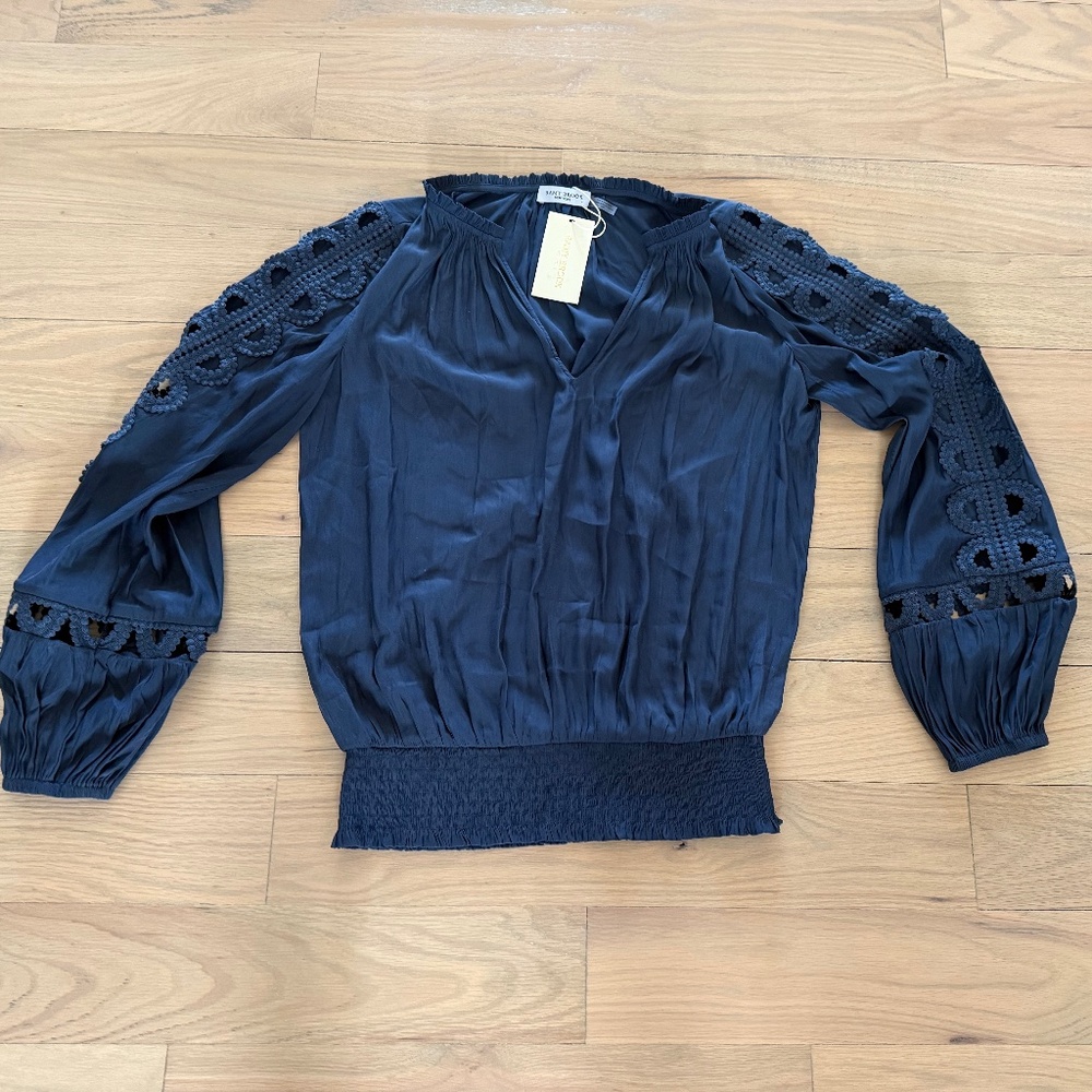 Ramy Brook NWT Eyelet Lace Sleeve Blouse in Navy, size S